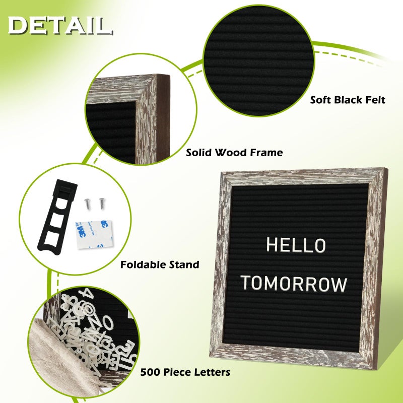 4 THOUGHT Letter Board Sign with 500 Letters 10" x 10" Felt Letter Board with Stand for Back to School Rustic Brown Wooden Frame Message Board Black Announcement Board Valentine's Day Gift Birthday Decor - Image 3