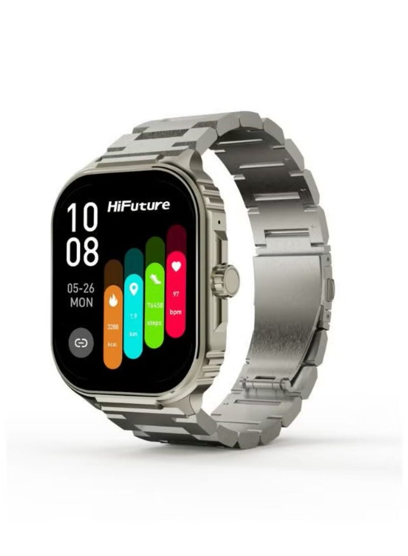 هاي فيوتشر ساعة ذكية Ultra3 Pro Sport: شاشة Amoled مقاس 2.04 بوصة بدقة 240 × 296 بكسل مكالمات بلوتوث IP68 مقاومة للماء على مدار الساعة طوال أيام الأسبوع معدل ضربات القلب الحقيقي ومستشعر الأكسجين في الدم (الجيل الخامس) ما يصل إلى 7 أيام من الاستخدام اليومي 100+ Sports Mod Silver - Image 2