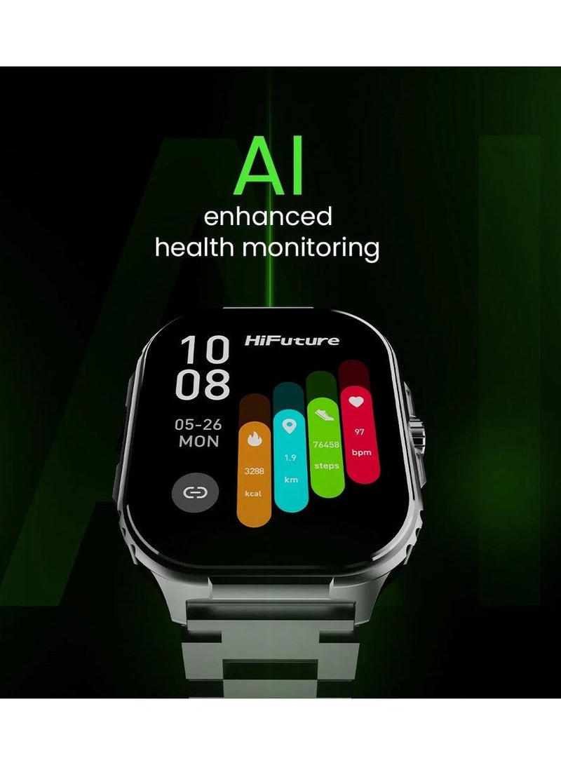 هاي فيوتشر ساعة ذكية Ultra3 Pro Sport: شاشة Amoled مقاس 2.04 بوصة بدقة 240 × 296 بكسل مكالمات بلوتوث IP68 مقاومة للماء على مدار الساعة طوال أيام الأسبوع معدل ضربات القلب الحقيقي ومستشعر الأكسجين في الدم (الجيل الخامس) ما يصل إلى 7 أيام من الاستخدام اليومي 100+ Sports Mod Silver - Image 4