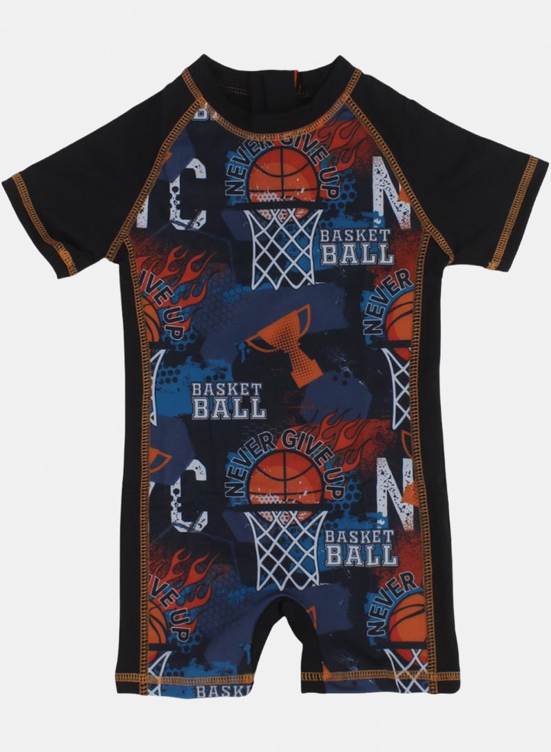 Baby Boys Sunsuit One-Piece – Navy with Basket Ball Print