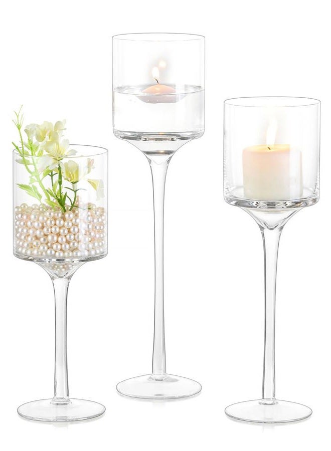Inweder Tall Glass Stanchion - Set of 3 Clear Tea Lights for Table Centerpiece, Elegant Stem Candle Holders for Pillar Candles, Floating Holders for Wedding, Event, Home - Image 1