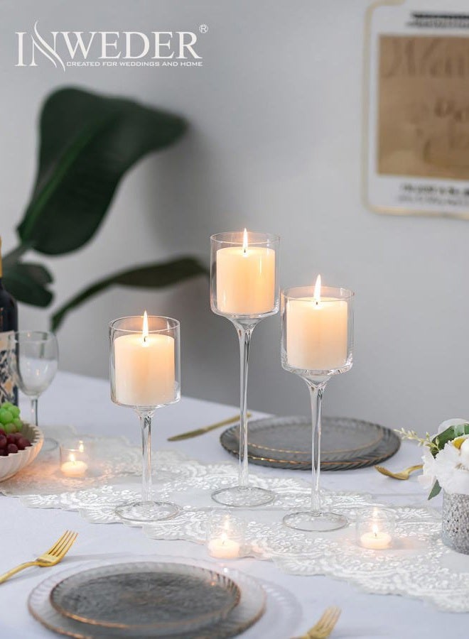 Inweder Tall Glass Stanchion - Set of 3 Clear Tea Lights for Table Centerpiece, Elegant Stem Candle Holders for Pillar Candles, Floating Holders for Wedding, Event, Home - Image 2