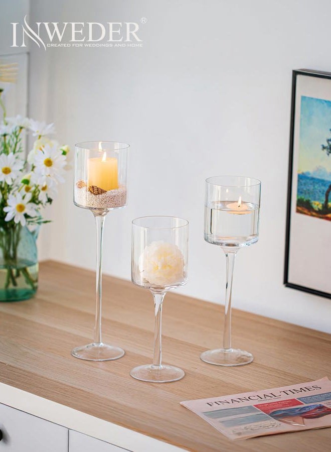 Inweder Tall Glass Stanchion - Set of 3 Clear Tea Lights for Table Centerpiece, Elegant Stem Candle Holders for Pillar Candles, Floating Holders for Wedding, Event, Home - Image 5
