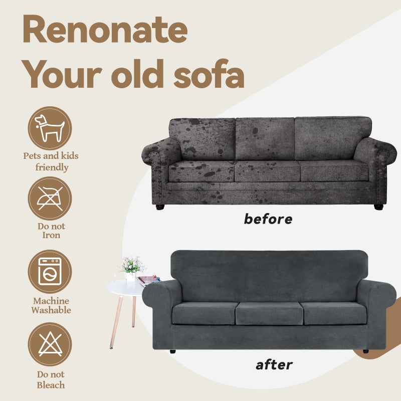 WEERRW 4 Pieces Velvet High Stretch Couch Covers for 3 Cushion Sofa Slipcovers, Washable Furniture Protector with Non Slip Elastic Bottom, Feature Soft and Thick Plush Fabric, Dark Grey, Large - Image 5