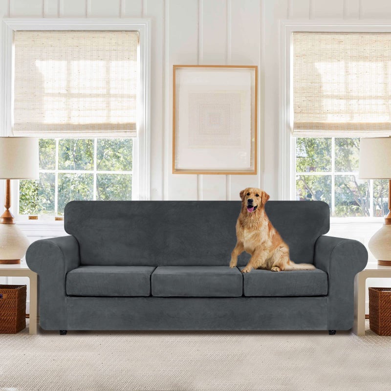 WEERRW 4 Pieces Velvet High Stretch Couch Covers for 3 Cushion Sofa Slipcovers, Washable Furniture Protector with Non Slip Elastic Bottom, Feature Soft and Thick Plush Fabric, Dark Grey, Large - Image 2