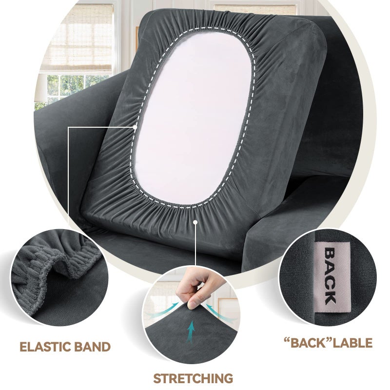 WEERRW 4 Pieces Velvet High Stretch Couch Covers for 3 Cushion Sofa Slipcovers, Washable Furniture Protector with Non Slip Elastic Bottom, Feature Soft and Thick Plush Fabric, Dark Grey, Large - Image 3