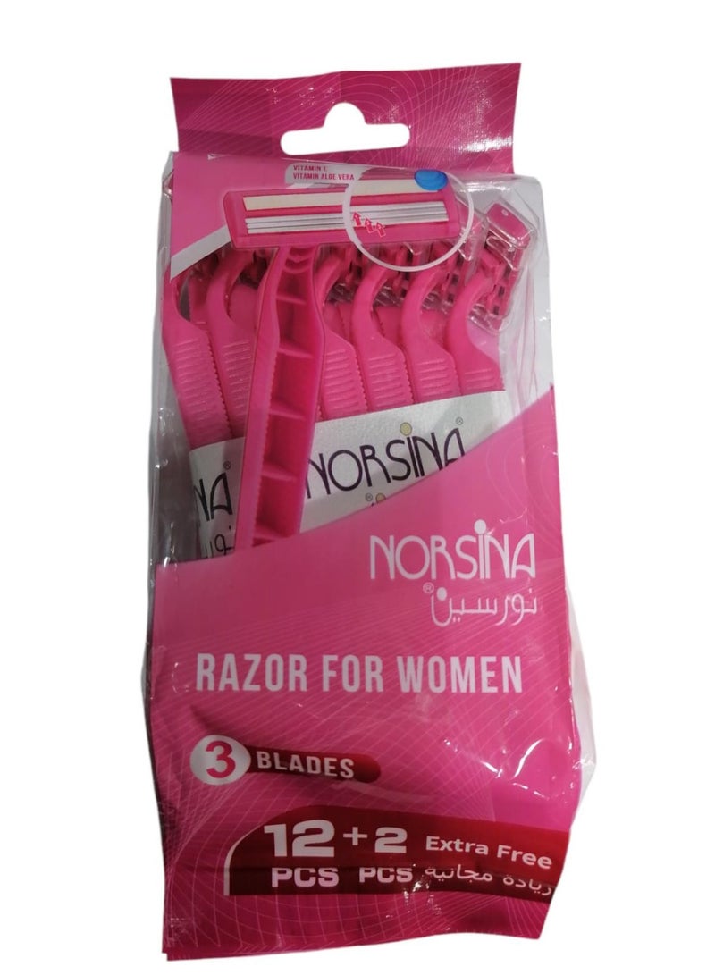 نورسينا مجموعة شفرات الحلاقة الثلاثية نورسينا للنساء مكونة من 12 قطعة +2 قطعة مجانية إضافية باللون الوردي - Image 1