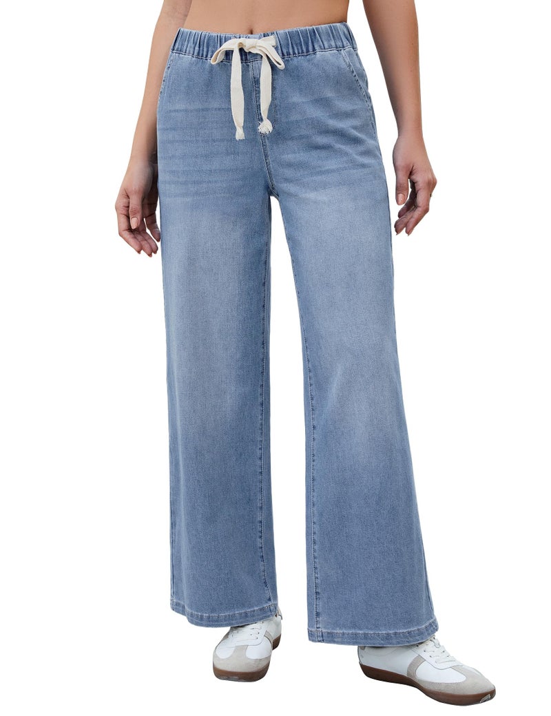 luvamia Wide Leg Jeans Woman High Waisted Trendy Pull On Elastic Waist Drawstring Stretchy Denim Jean Pants with Pockets Wide Leg Pants Woman Modern Blue Small Fits Size 4 Size 6 - Image 1