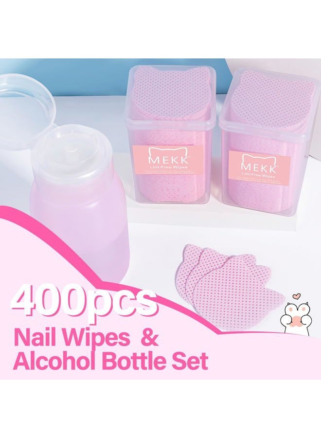 MEKK 400PCS Lint Free Nail Wipes with Dispenser 200ml Cat-Shaped Gel Polish Remover Wipes Set with Empty Acetone Pump Dispenser, Travel Toner Bottle Cute Nail Supplies for Salon & Home-Pink - Image 5