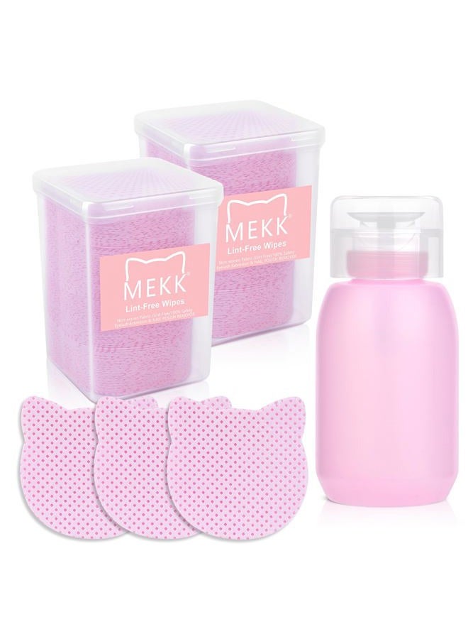 MEKK 400PCS Lint Free Nail Wipes with Dispenser 200ml Cat-Shaped Gel Polish Remover Wipes Set with Empty Acetone Pump Dispenser, Travel Toner Bottle Cute Nail Supplies for Salon & Home-Pink - Image 1