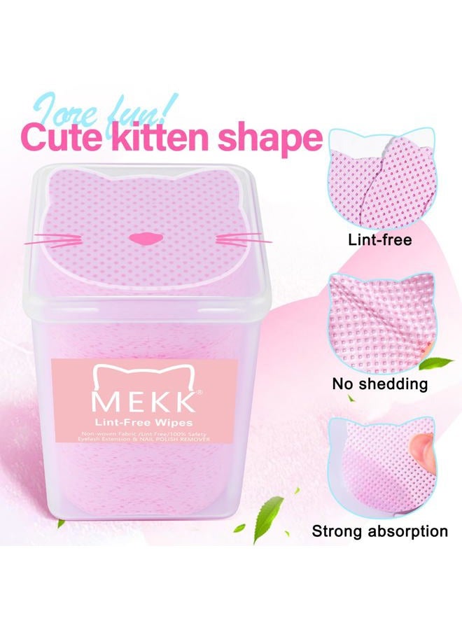 MEKK 400PCS Lint Free Nail Wipes with Dispenser 200ml Cat-Shaped Gel Polish Remover Wipes Set with Empty Acetone Pump Dispenser, Travel Toner Bottle Cute Nail Supplies for Salon & Home-Pink - Image 3