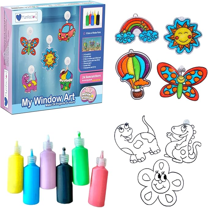 Window Art Paint Toy for Kids - Create your own 24 Suncatchers with 24 Suction Cups - Assorted 9 Colors paints - DIY Arts & Crafts Kit - Toys for boys & Girls