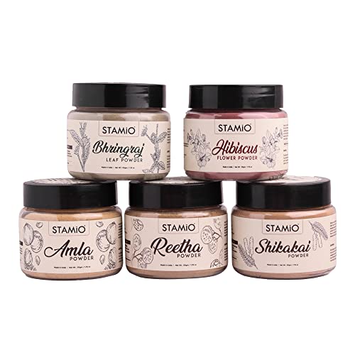 STAMIO Hair Care 5 Products Combo 250 gm - Amla Reetha Shikakai Bhringraj Hibiscus Powder for Pack, Wash, Mask, Shampoo, Dandruff, Cleanser | Natural Seedless Powders Kit | In Jar 50gm X 5 - Image 1