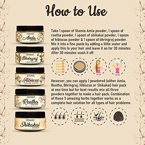 STAMIO Hair Care 5 Products Combo 250 gm - Amla Reetha Shikakai Bhringraj Hibiscus Powder for Pack, Wash, Mask, Shampoo, Dandruff, Cleanser | Natural Seedless Powders Kit | In Jar 50gm X 5 - Image 3