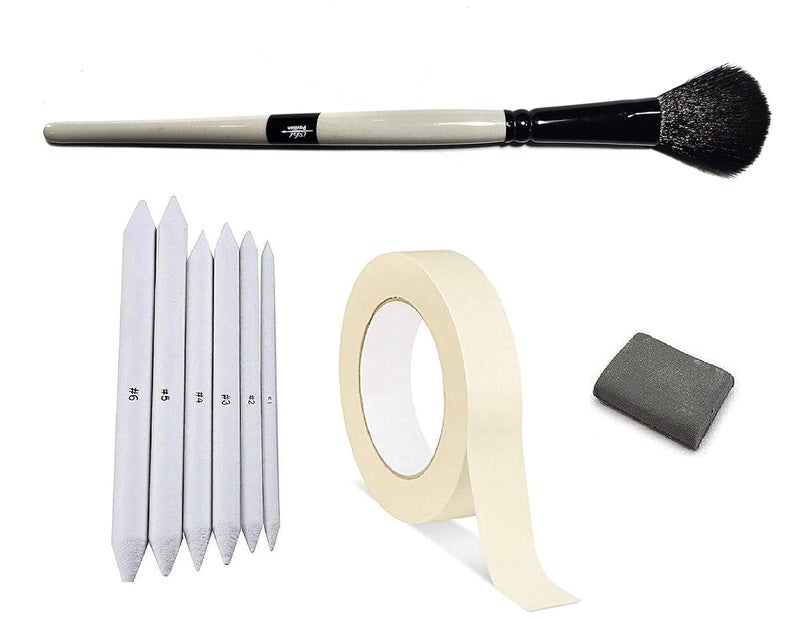 Definite Art Blending Brush with White Paper Stump,1 Inch Masking Tape & Kneadable Eraser for Graphite & Charcoal Pencils (Set of 6 Stumps, 1 Kneadable Eraser, 1 Masking Tape & Blending Brush) - Image 1