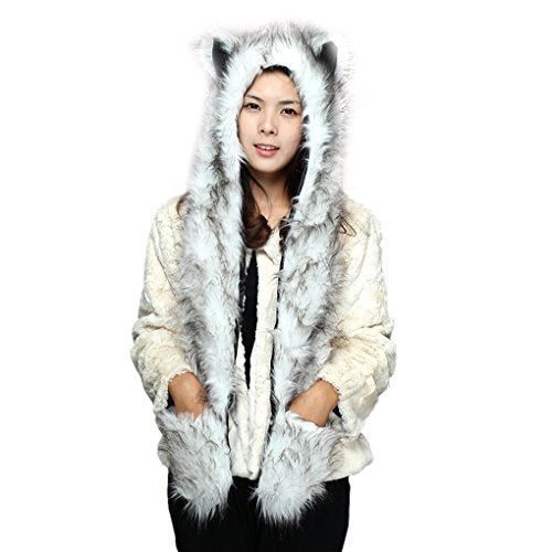 Fakeface Winter Animal Hat Faux Fur Hooded Scarf Cute Furry Ears Paw Gloves Pocket Hoodie Beanie Cap Party Costume for Women Girls (White) - Image 2