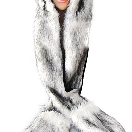 Fakeface Winter Animal Hat Faux Fur Hooded Scarf Cute Furry Ears Paw Gloves Pocket Hoodie Beanie Cap Party Costume for Women Girls (White) - Image 3