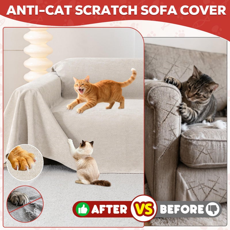 Loiion Cat Scratch Furniture Protector - Anti-Slip, Waterproof Sofa Cover to Keep Cats Off, Pet-Friendly Couch Protectors for 3 Cushion Couch, Khaki Anti-Scratch Couch Cover for Pets and Kids 118"X71" - Image 2