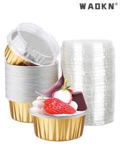 Aluminum Cupcake Pans with Lids,50pcs 130ml Muffin Liners Cups, Disposable Foil Ramekins, Aluminum Foil Baking Cups, Cupcake Baking Cups, Aluminum Foil Cupcake Holders Pans with Lids