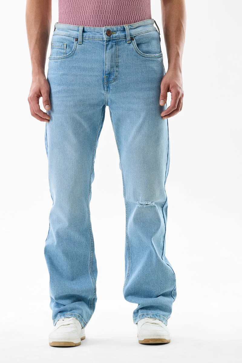 سنيتش Light Blue Textured Straight Fit Casual Jeans