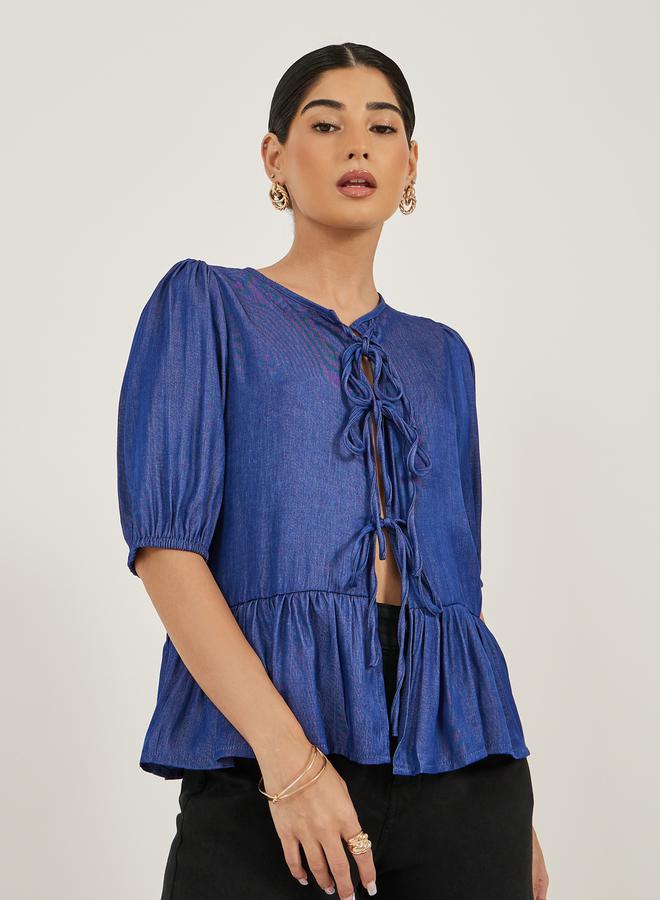 Styli Puff Sleeve Tie-Up Detail Peplum Top  - Image 2