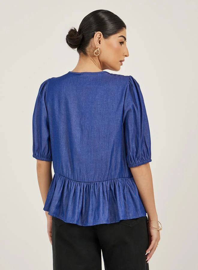 Styli Puff Sleeve Tie-Up Detail Peplum Top
