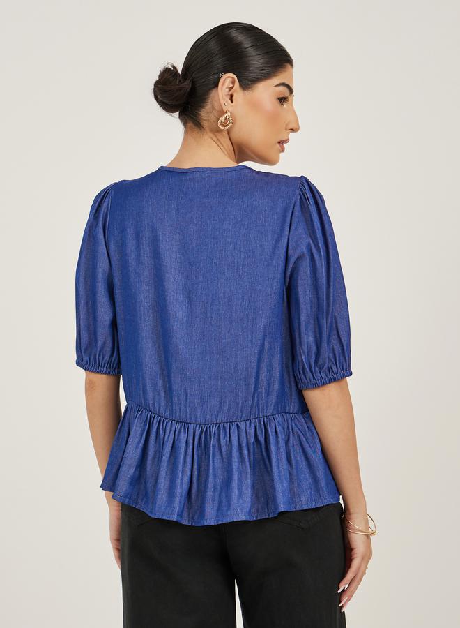 Styli Puff Sleeve Tie-Up Detail Peplum Top  - Image 4