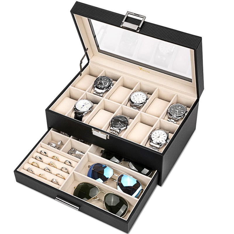 Voova Jewelry Box Organizer for Men Women 2 Layer Large 12 Slot PU Leather Watch Storage Case Glass Top Jewelry Display Holder for Watches Sunglasses Rings Necklaces BraceletsBlack