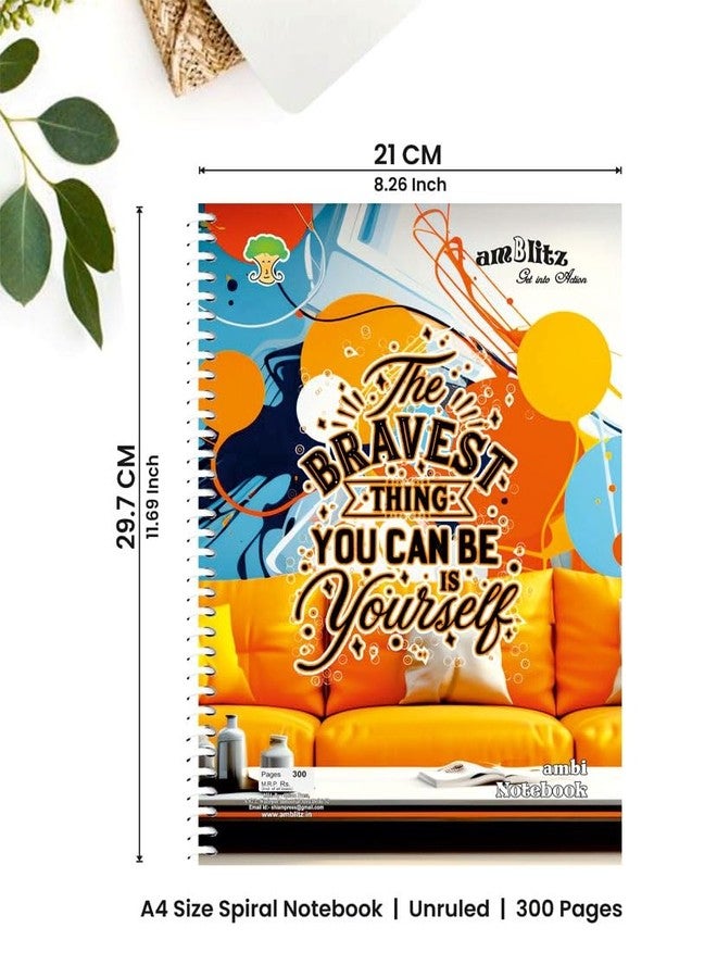 amblitz Unruled Spiral Notebook | 300 Pages | A4 Size | 21 X 29.7 CM | 70 GSM THICK Paper | Long Notebook Unruled | Motivational Quotes on Attractive Cover | - Image 3