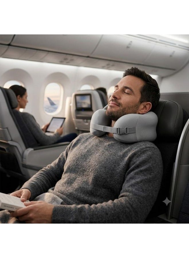 Comfortable memory foam travel neck pillow for neck support - gray with adjustable strap - Image 1