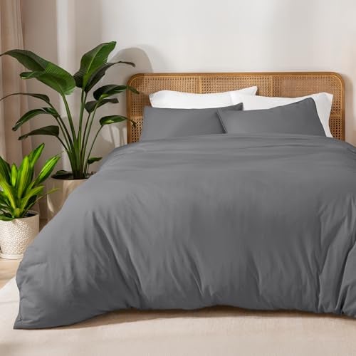 Bare Home 100 Organic Cotton Jersey Duvet Cover Set  FullQueen Size  Ultra Soft  100 Cotton  3pcs  Corner Ties  Button Closure  Bedding Duvet Cover  Pillow Shams FullQueen Grey