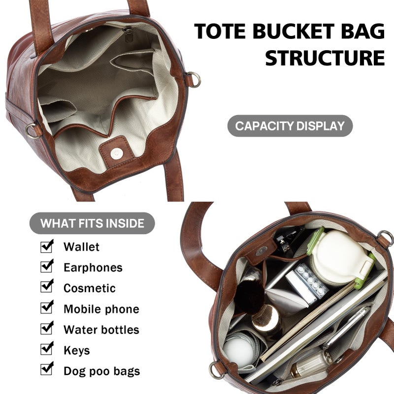 Blucoay Tote Crossbody Bags for Women,Vegan Leather Bucket Purse for Women,Top Handle Satchel Handbags with 2 Bottle Holder Pocket(darkbrown) - Image 4