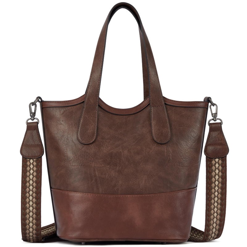 Blucoay Tote Crossbody Bags for Women,Vegan Leather Bucket Purse for Women,Top Handle Satchel Handbags with 2 Bottle Holder Pocket(darkbrown) - Image 1