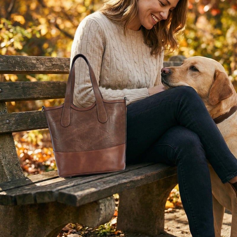 Blucoay Tote Crossbody Bags for Women,Vegan Leather Bucket Purse for Women,Top Handle Satchel Handbags with 2 Bottle Holder Pocket(darkbrown) - Image 2