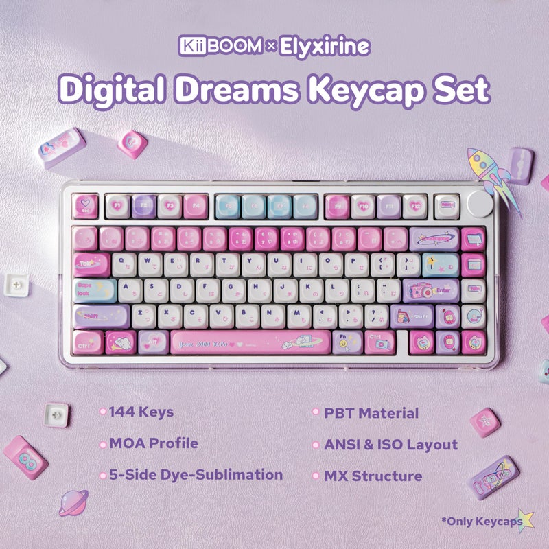 KiiBoom X Elyxirine Digital Dreams: Pastel Y2K Keycap Set, 144 Keys PBT Keycaps for Mechanical Keyboard, Compatible with ANSI/ISO, 60%, 65%, 75%, TKL, Full-Sized Layout (MOA Profile) - Image 2