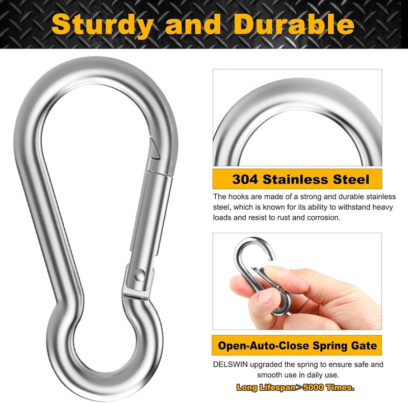DELSWIN 6 Pcs Carabiner Clip Spring Snap Hook - 304 Stainless Steel Quick Link Clips, Heavy Duty Snap Hook for Gym Equipment, Outdoor Shade Sails, Camping Hiking Hammock Swing(M8,80mm, can Hold 500lbs) - Image 2