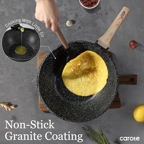 CAROTE Non Stick Wok with Lid 12''/5.3QT Woks & Stir-fry Pans Nonstick Granite Wok Pan Induction Cookware Deep Frying Pan, Compatible with All Stovetops - Image 3
