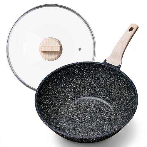 CAROTE Non Stick Wok with Lid 12''/5.3QT Woks & Stir-fry Pans Nonstick Granite Wok Pan Induction Cookware Deep Frying Pan, Compatible with All Stovetops - Image 1
