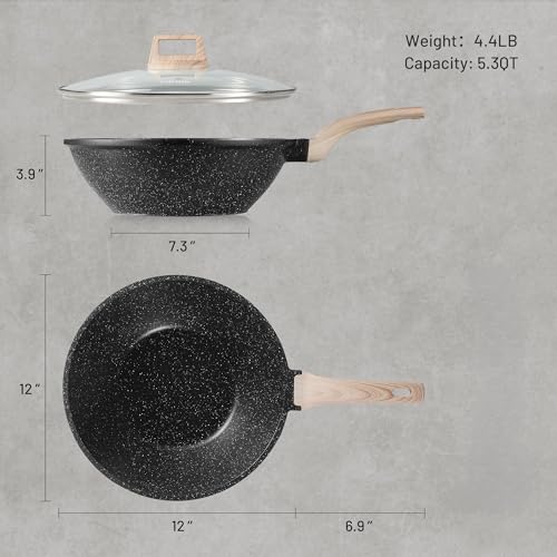 CAROTE Non Stick Wok with Lid 12''/5.3QT Woks & Stir-fry Pans Nonstick Granite Wok Pan Induction Cookware Deep Frying Pan, Compatible with All Stovetops - Image 2