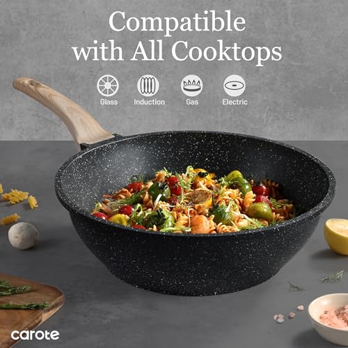 CAROTE Non Stick Wok with Lid 12''/5.3QT Woks & Stir-fry Pans Nonstick Granite Wok Pan Induction Cookware Deep Frying Pan, Compatible with All Stovetops - Image 5