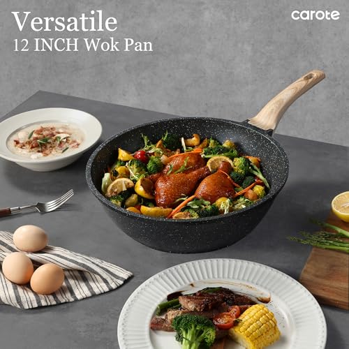 CAROTE Non Stick Wok with Lid 12''/5.3QT Woks & Stir-fry Pans Nonstick Granite Wok Pan Induction Cookware Deep Frying Pan, Compatible with All Stovetops - Image 4