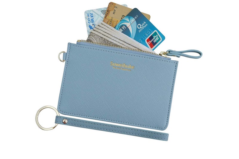 Aiyo Nice Women Slim RFID Card Case Holder Wristlet Zip ID Case Wallet Small Leather Wallet Coin Purse with Keychain (Blue) - Image 1