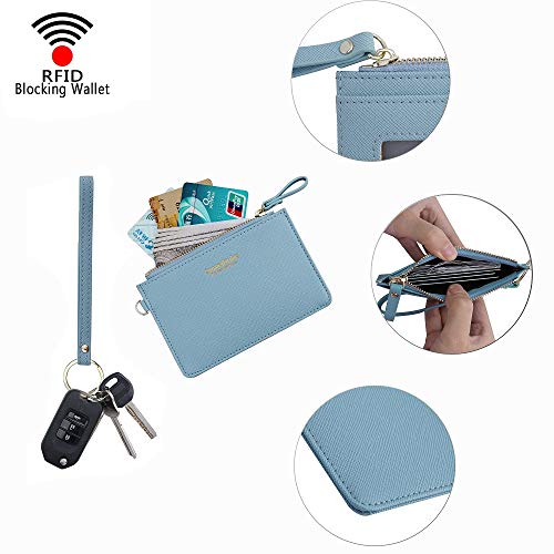 Aiyo Nice Women Slim RFID Card Case Holder Wristlet Zip ID Case Wallet Small Leather Wallet Coin Purse with Keychain (Blue) - Image 5