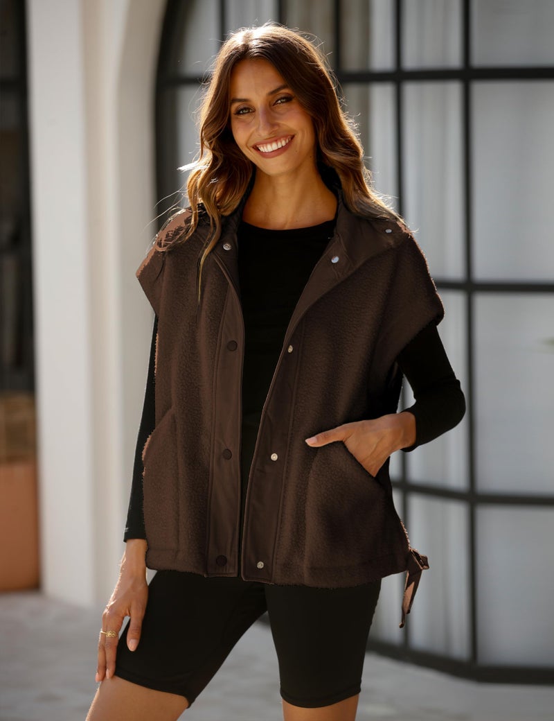OPCAKM Women's Fuzzy Fleece Vest Oversized Sleeveless Sherpa Jacket Warm Button Down Gilet Outerwear with Pockets(Brown-L) - Image 2