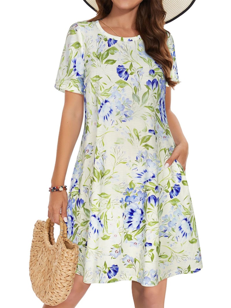 elescat Tshirt Dress Women Summer Pockets Sundresses Plus Size Flowy Cotton Beach Dresses (White Purple Floral, XL) - Image 1