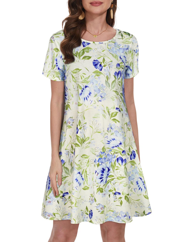 elescat Tshirt Dress Women Summer Pockets Sundresses Plus Size Flowy Cotton Beach Dresses (White Purple Floral, XL) - Image 4