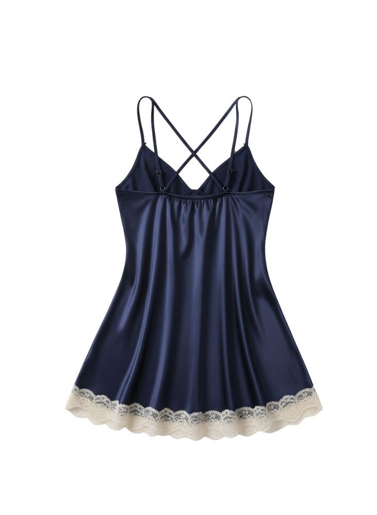 Cute Navy Blue Satin Nightdress – Lace Trim Elegant Nightwear for Women - Image 3