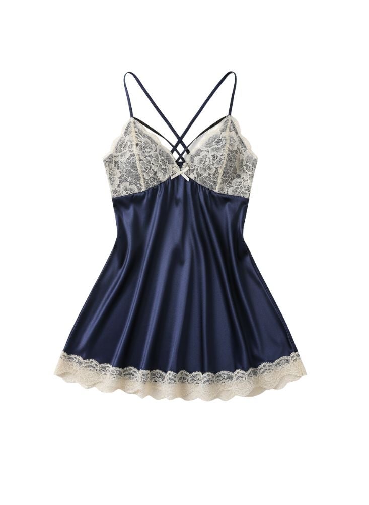Cute Navy Blue Satin Nightdress – Lace Trim Elegant Nightwear for Women - Image 2