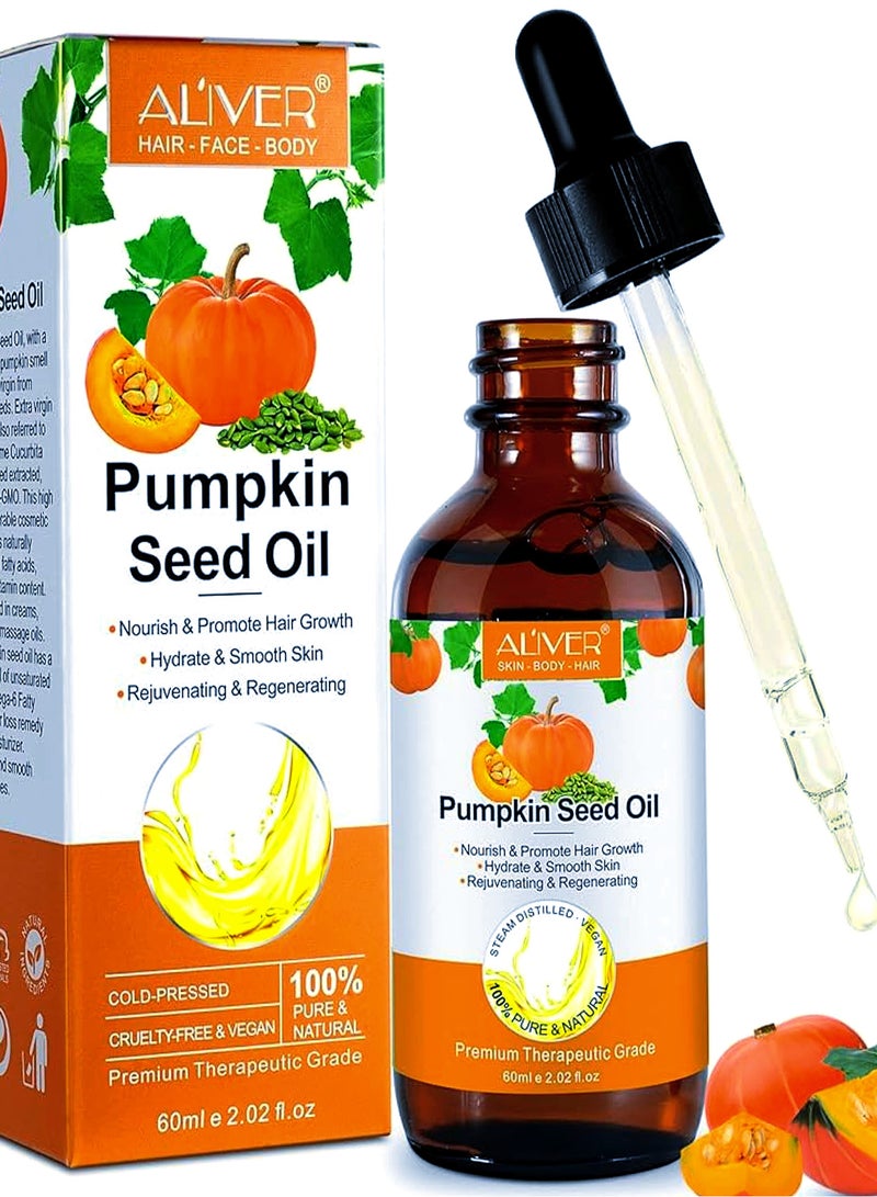 ALIVER Pumpkin Seed Oil (2 pack)  , For Skin and Hair Growth Organic 100% Pure RAW Cold Pressed Pumpkin Seed Oil for Anti Aging Wrinkle Massage Oil Hair and Scalp Care Vitamin E Oil for Skin and Hair ( 2 Pack x 60 ML ) - Image 3