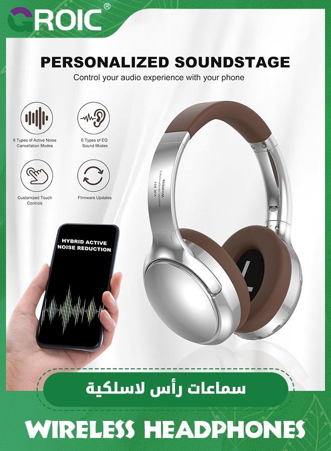 GROIC Brown Bluetooth Headset Over Ear, Active Noise Cancellation Wireless Headphones, 60 Hours Playback Time,Bass Surround Sound Foldable Lightweight Headphones  - Image 4